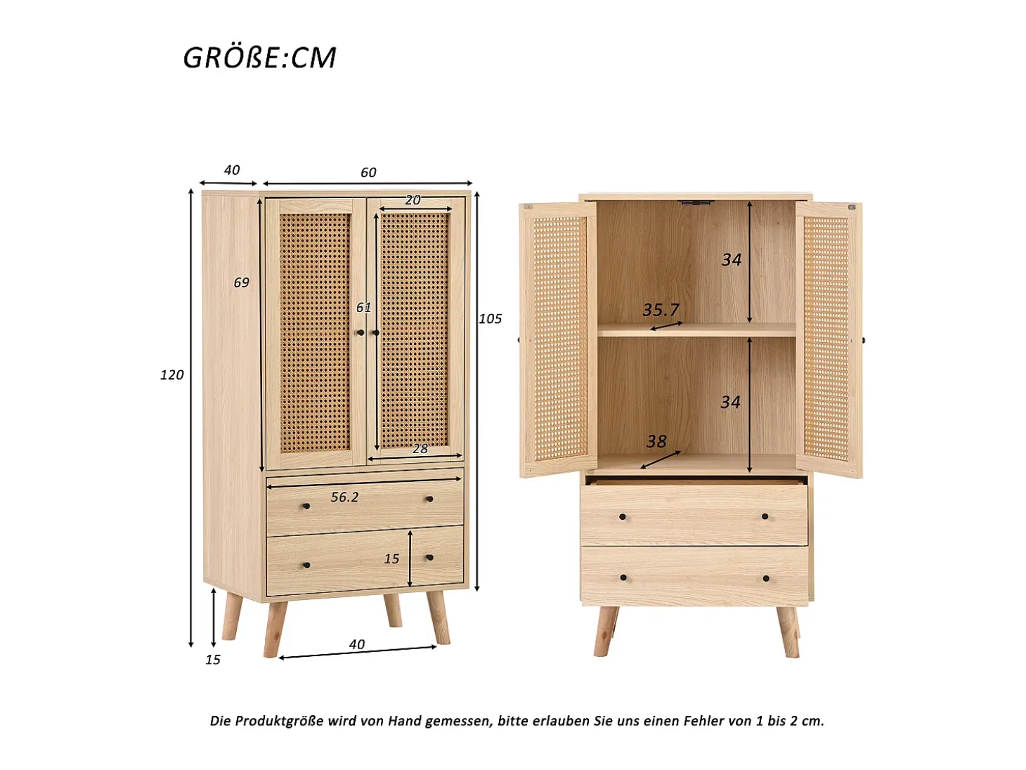 Aparador de cocina 60x40x120cm, 2 puertas de ratán y 2 cajones, en madera natural clara