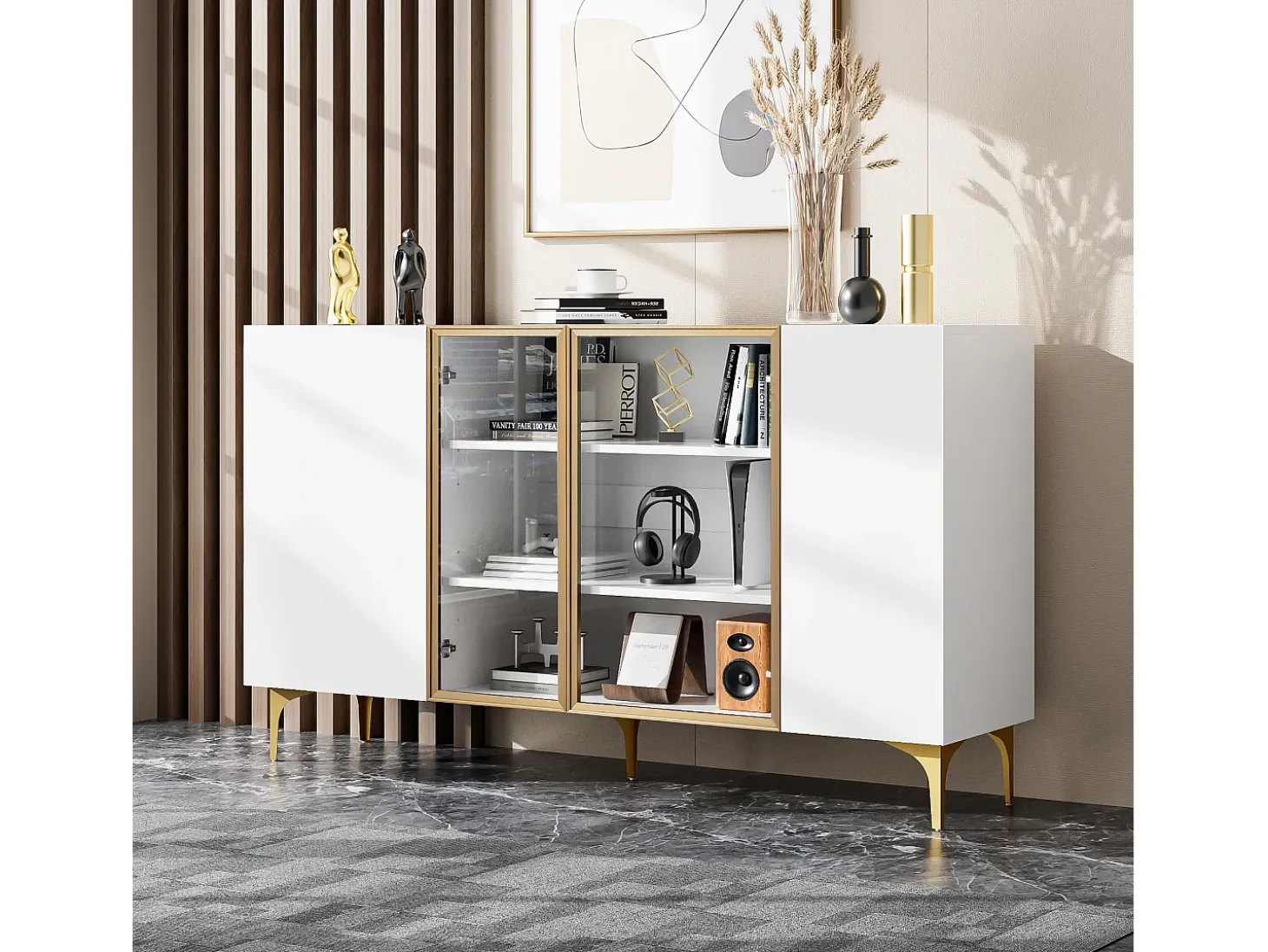Aparador de cocina 150x38x85cm con 4 puertas incluidas 2 de cristal, cuerpo blanco con bandas doradas