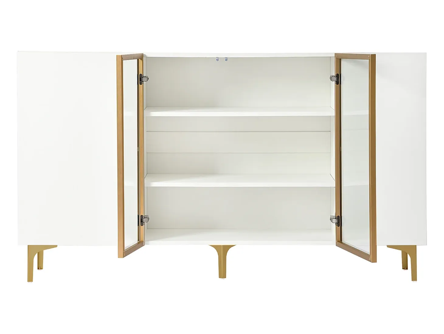 Aparador de cocina 150x38x85cm con 4 puertas incluidas 2 de cristal, cuerpo blanco con bandas doradas