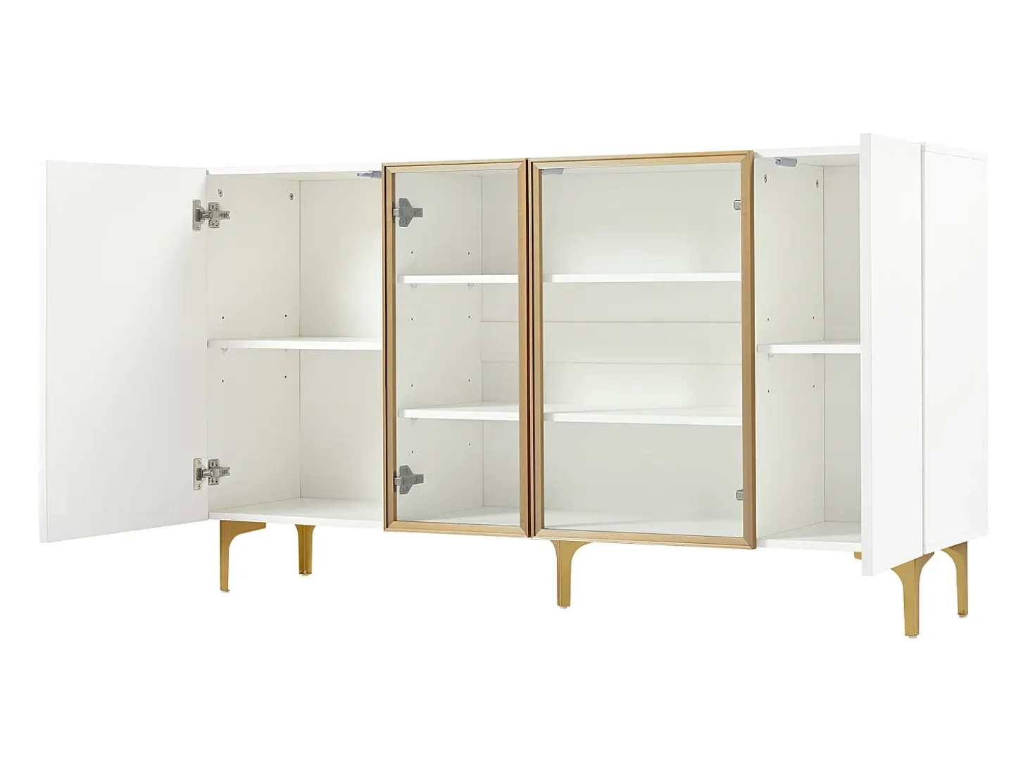 Aparador de cocina 150x38x85cm con 4 puertas incluidas 2 de cristal, cuerpo blanco con bandas doradas