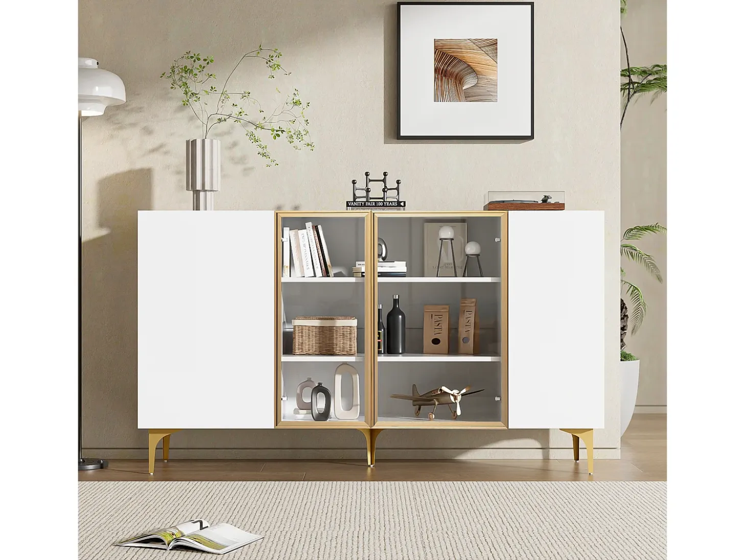 Aparador de cocina 150x38x85cm con 4 puertas incluidas 2 de cristal, cuerpo blanco con bandas doradas