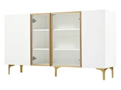 Aparador de cocina 150x38x85cm con 4 puertas incluidas 2 de cristal, cuerpo blanco con bandas doradas
