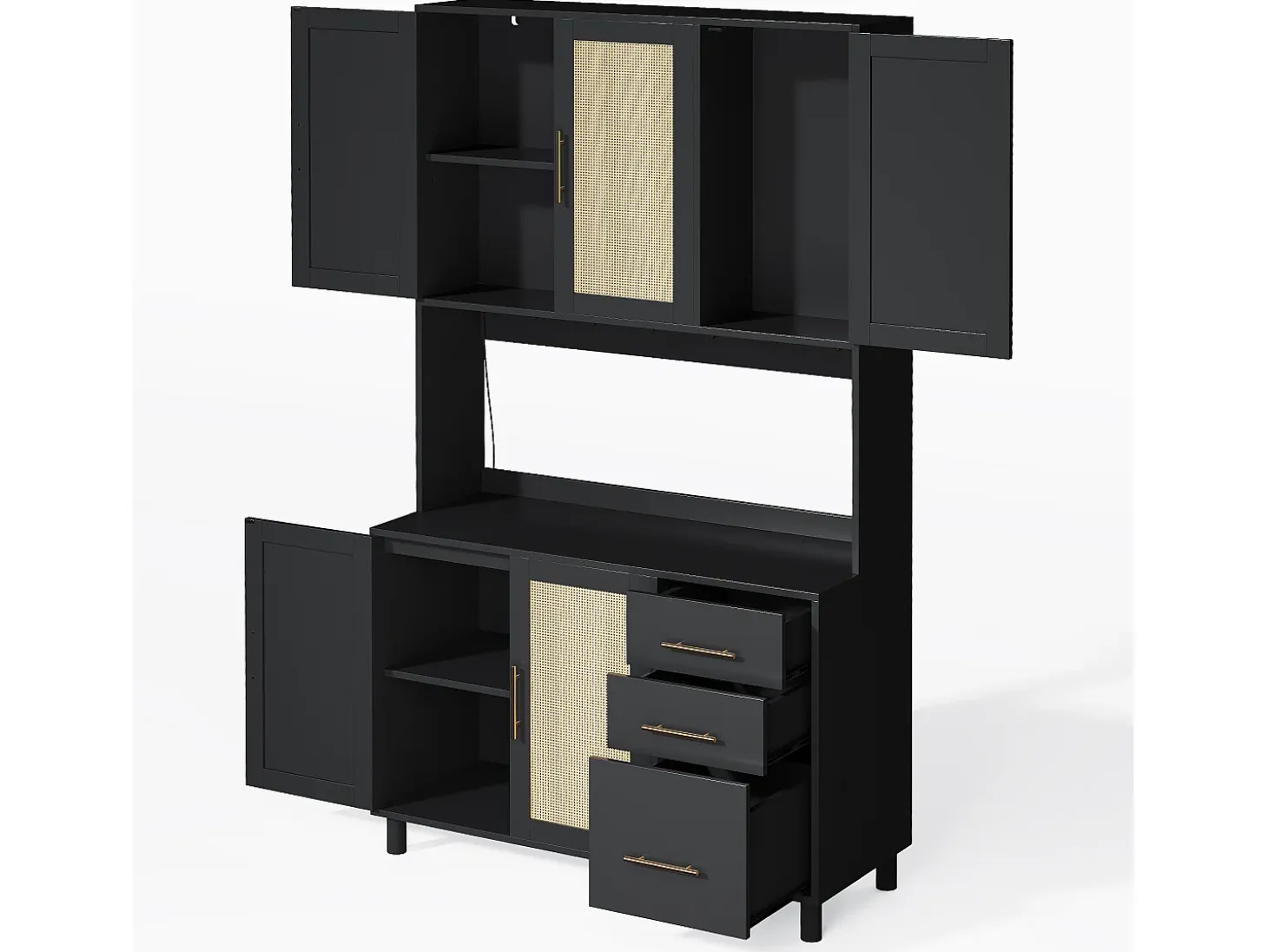Aparador de cocina 100x40x183cm con 5 puertas de ratán y 3 cajones, LED y puerto USB incluido, cuerpo negro