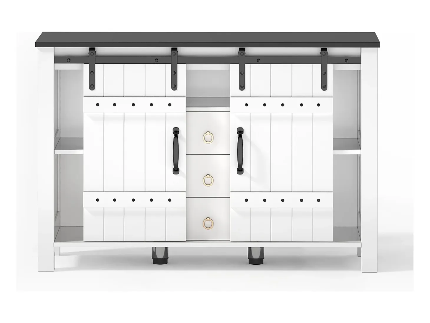 Aparador de cocina 120x40x80cm con 3 cajones, 2 puertas correderas y 1 nicho, estructura de MDF, color blanco y negro
