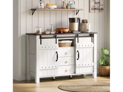Aparador de cocina 120x40x80cm con 3 cajones, 2 puertas correderas y 1 nicho, estructura de MDF, color blanco y negro