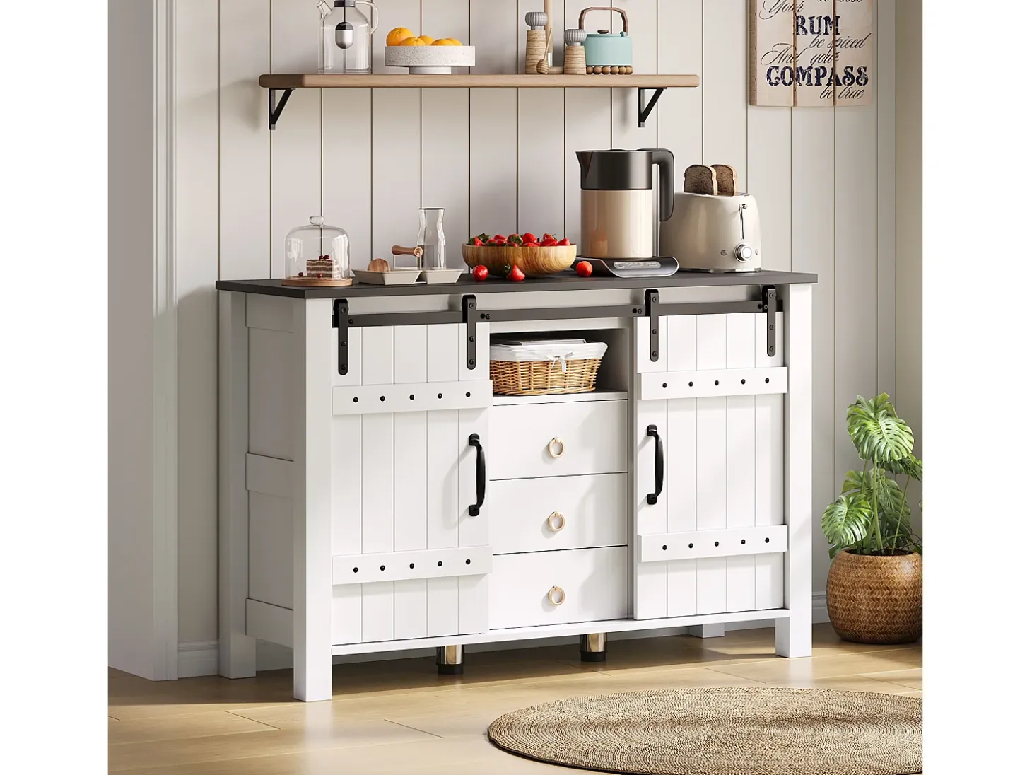 Aparador de cocina 120x40x80cm con 3 cajones, 2 puertas correderas y 1 nicho, estructura de MDF, color blanco y negro