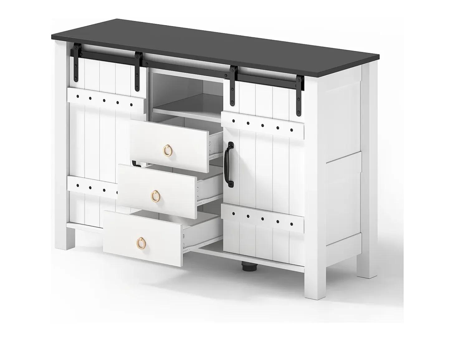Aparador de cocina 120x40x80cm con 3 cajones, 2 puertas correderas y 1 nicho, estructura de MDF, color blanco y negro