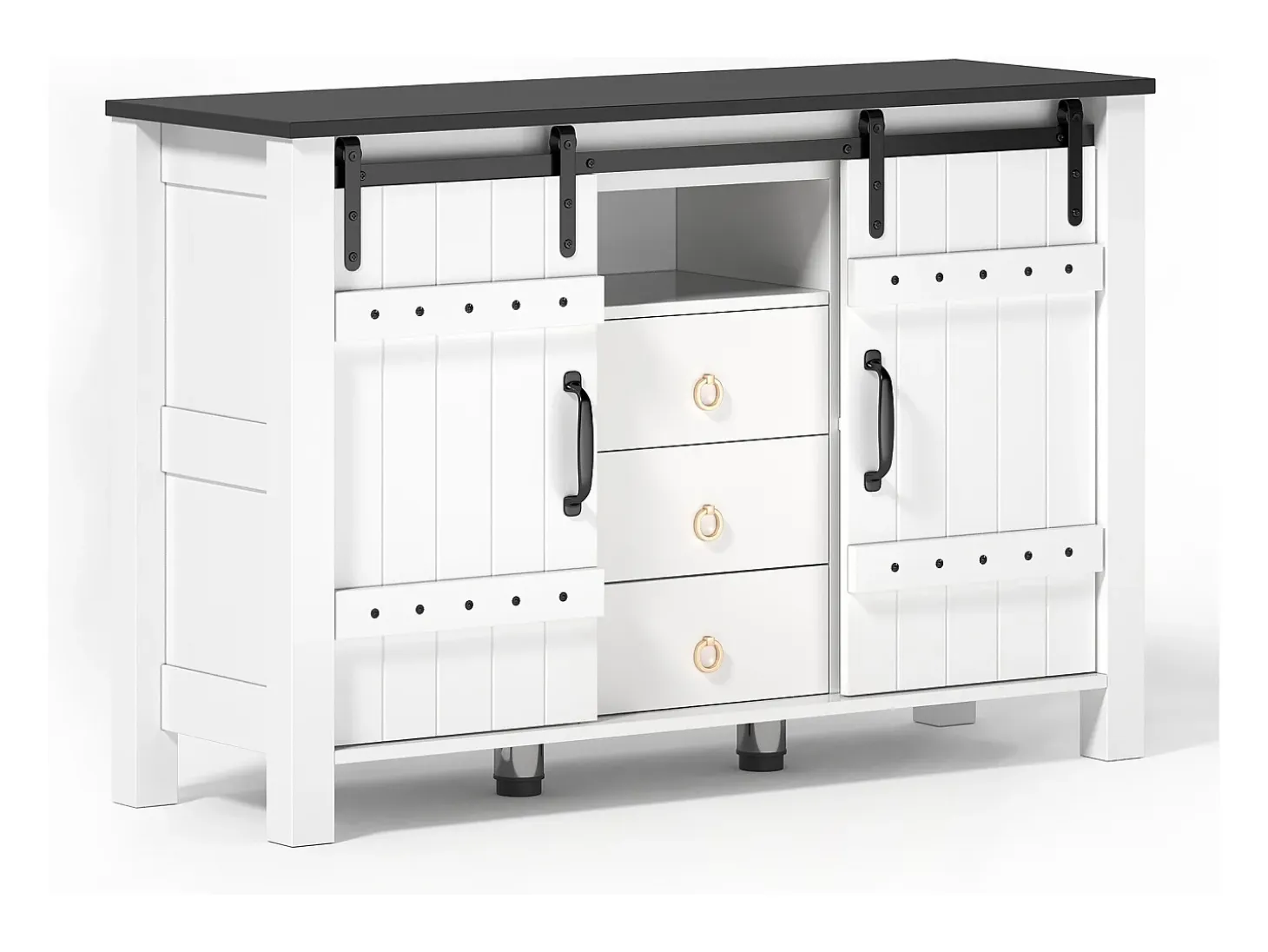 Aparador de cocina 120x40x80cm con 3 cajones, 2 puertas correderas y 1 nicho, estructura de MDF, color blanco y negro