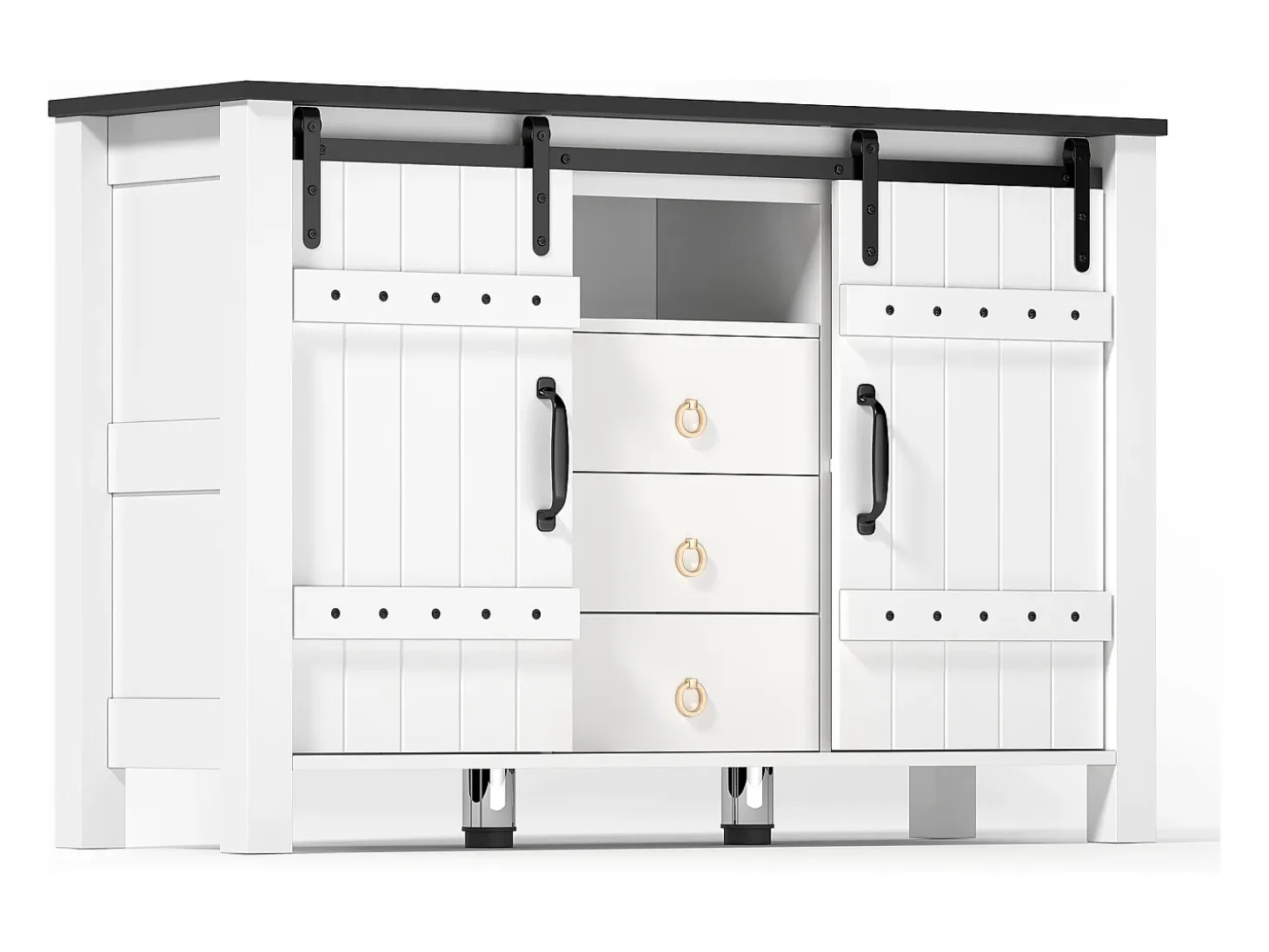 Aparador de cocina 120x40x80cm con 3 cajones, 2 puertas correderas y 1 nicho, estructura de MDF, color blanco y negro