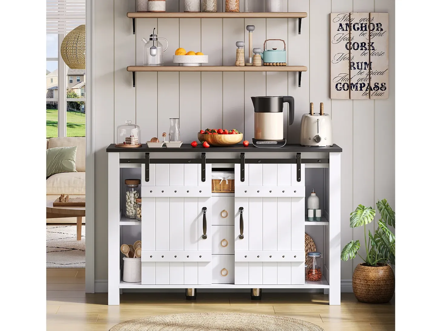 Aparador de cocina 120x40x80cm con 3 cajones, 2 puertas correderas y 1 nicho, estructura de MDF, color blanco y negro