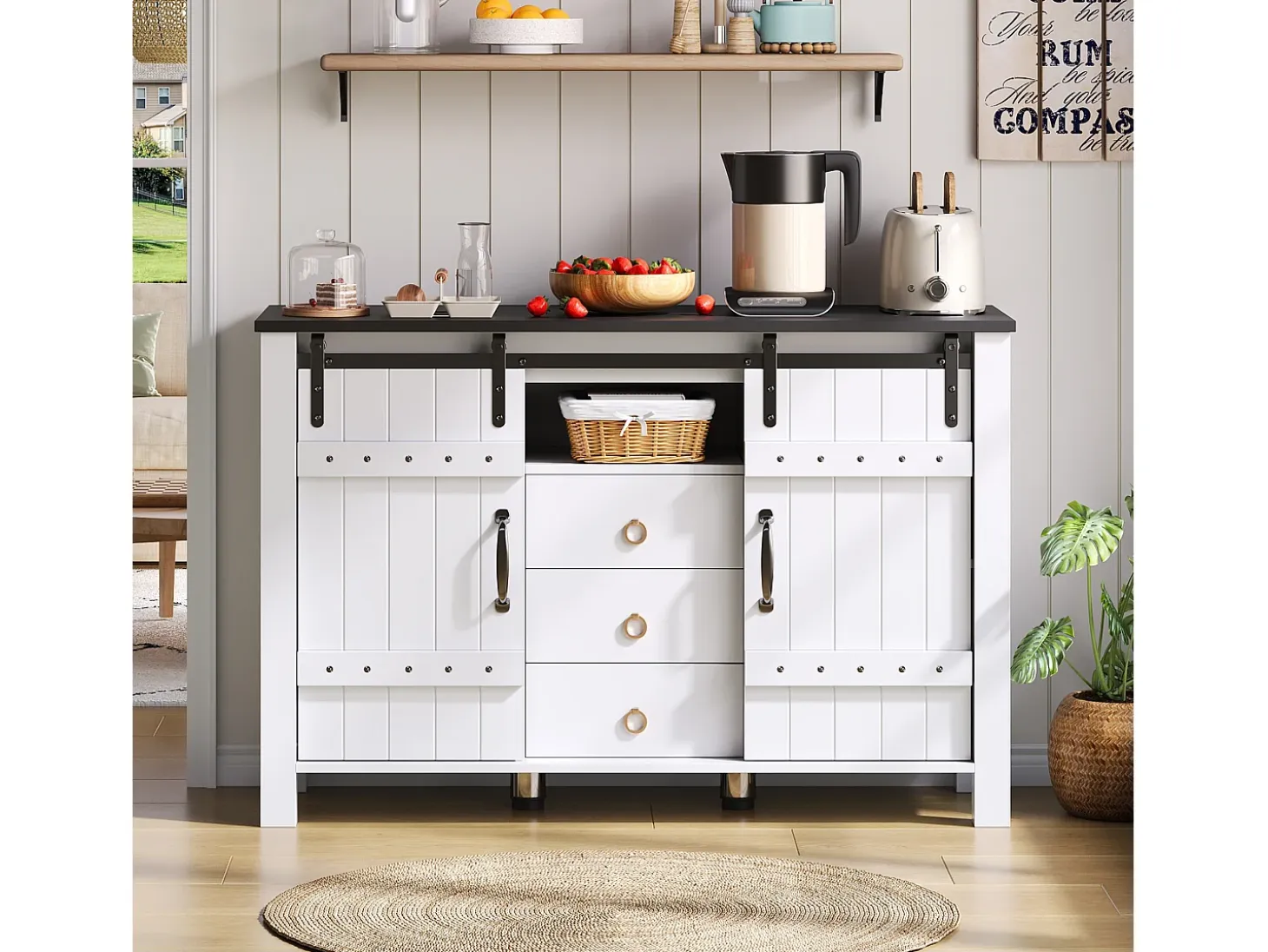 Aparador de cocina 120x40x80cm con 3 cajones, 2 puertas correderas y 1 nicho, estructura de MDF, color blanco y negro