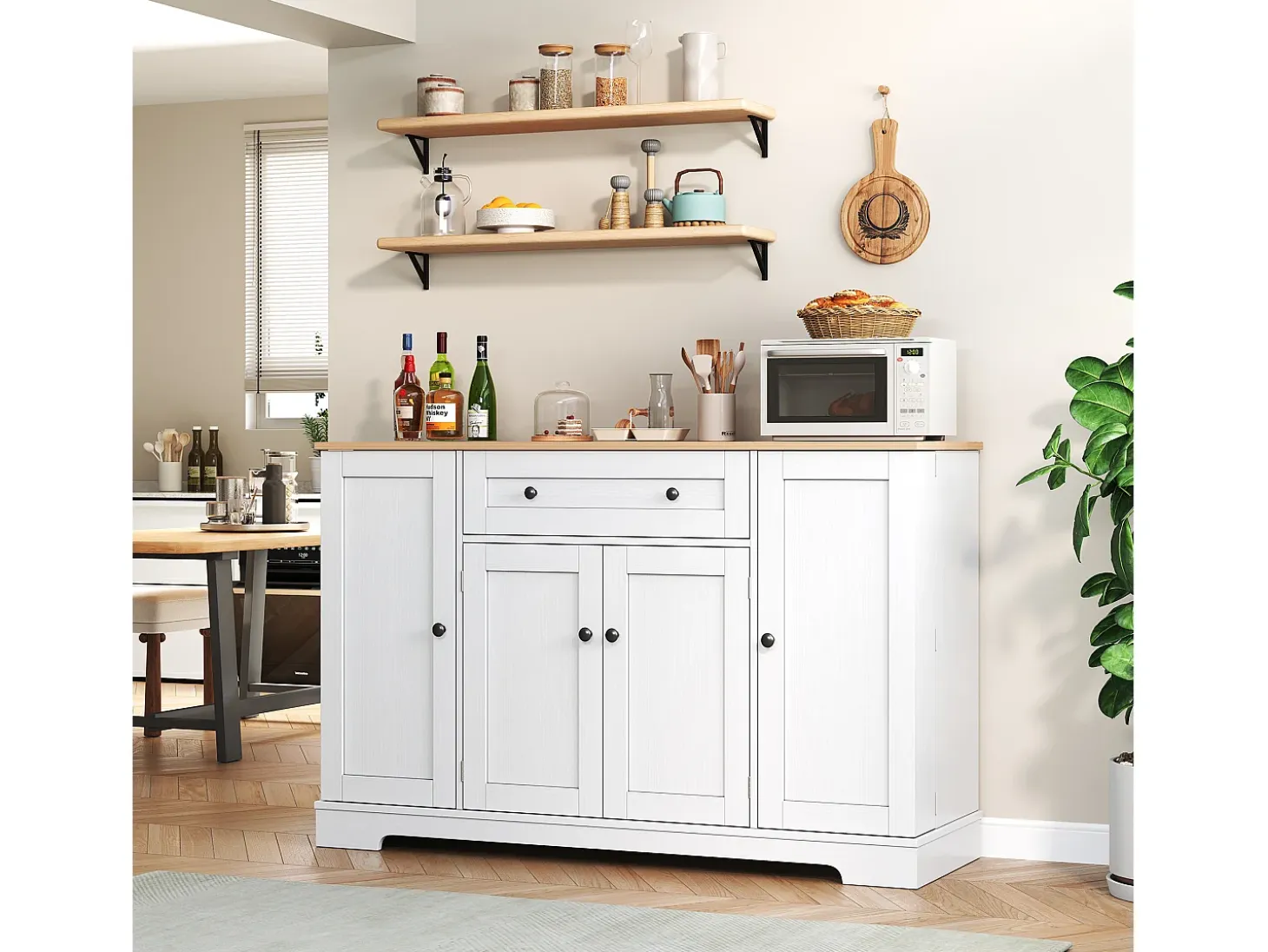 Aparador de cocina 138x40x85cm con 4 puertas y 1 cajón, tapa imitación madera natural, cuerpo blanco