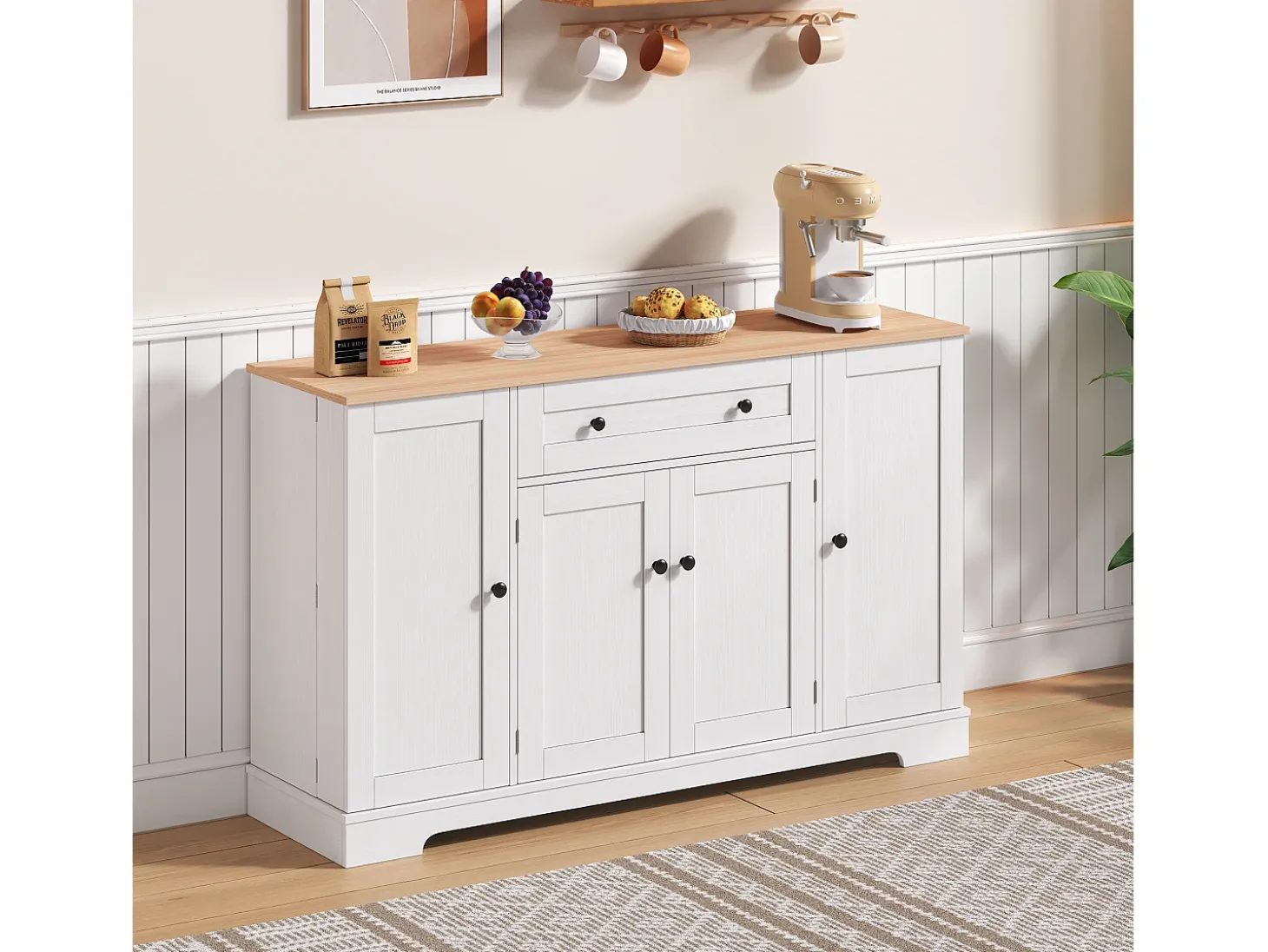 Aparador de cocina 138x40x85cm con 4 puertas y 1 cajón, tapa imitación madera natural, cuerpo blanco