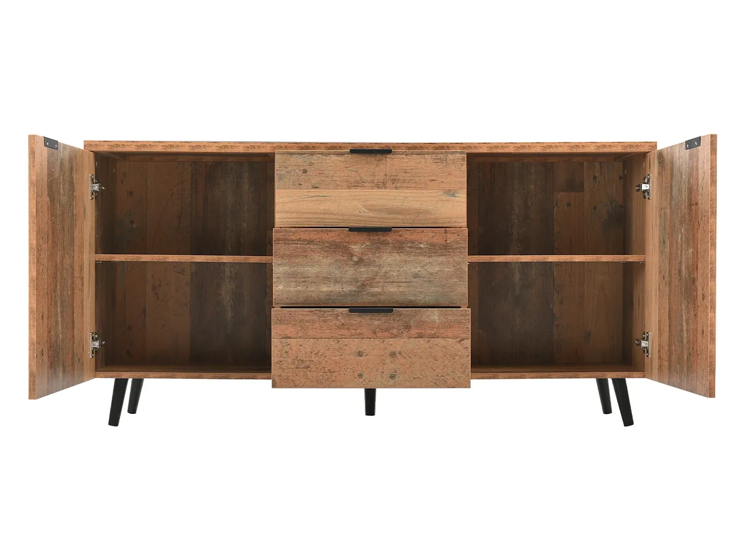 Aparador de cocina 140x35x70cm con 3 cajones y 2 puertas, cuerpo en chapa de madera natural clara