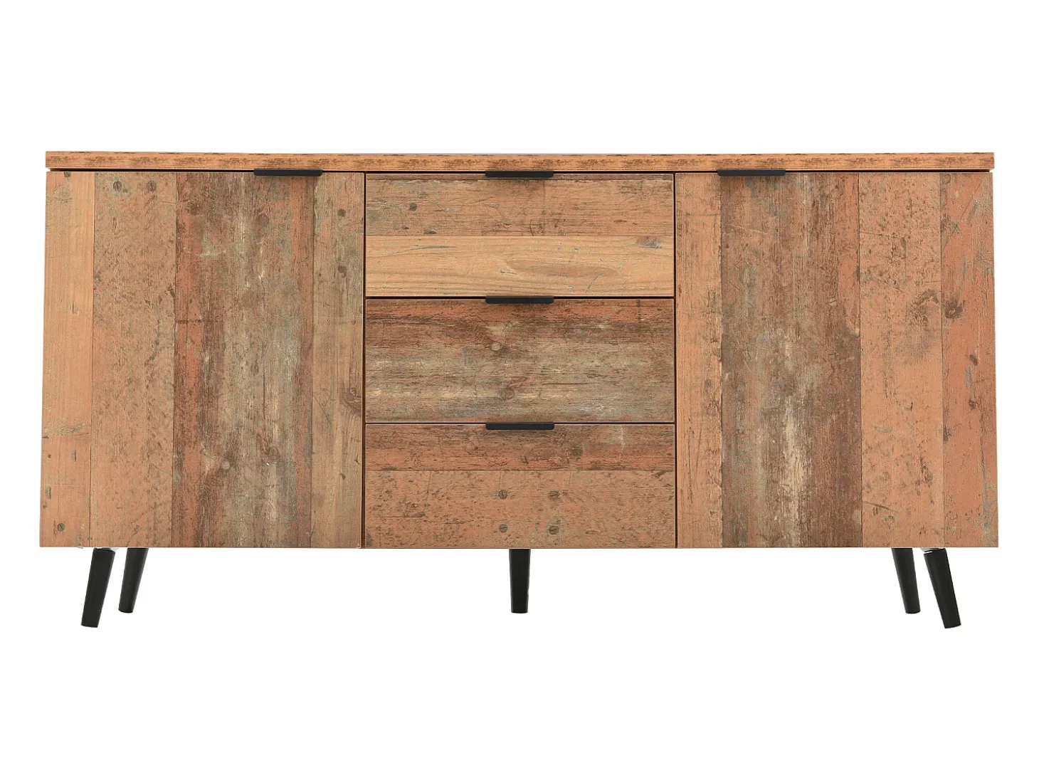 Aparador de cocina 140x35x70cm con 3 cajones y 2 puertas, cuerpo en chapa de madera natural clara