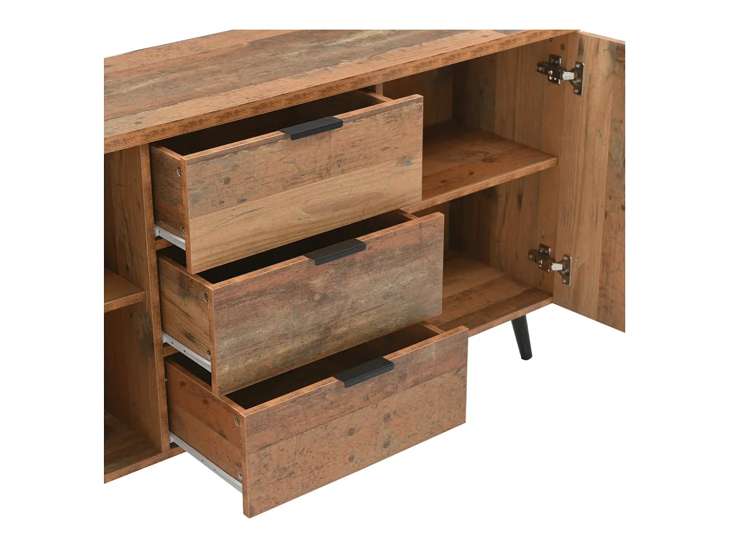 Aparador de cocina 140x35x70cm con 3 cajones y 2 puertas, cuerpo en chapa de madera natural clara