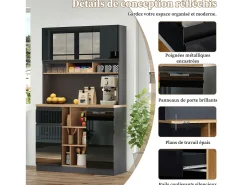 Aparador de cocina 105x48x185cm con 5 puertas, 1 cajón y nichos, color negro y natural