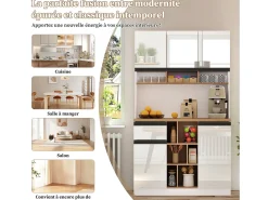 Aparador de cocina 105x48x185cm con 5 puertas, 1 cajón y nichos, cuerpo lacado en blanco y negro