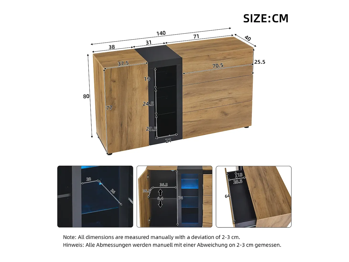Aparador de cocina 140x40x80cm con 3 cajones, 1 puerta y 3 estantes de cristal, LED incluido, cuerpo en chapa de madera natural y negra.