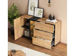 Aparador de cocina 140x40x80cm con 3 cajones, 1 puerta y 3 estantes de cristal, LED incluido, cuerpo en chapa de madera natural y negra.