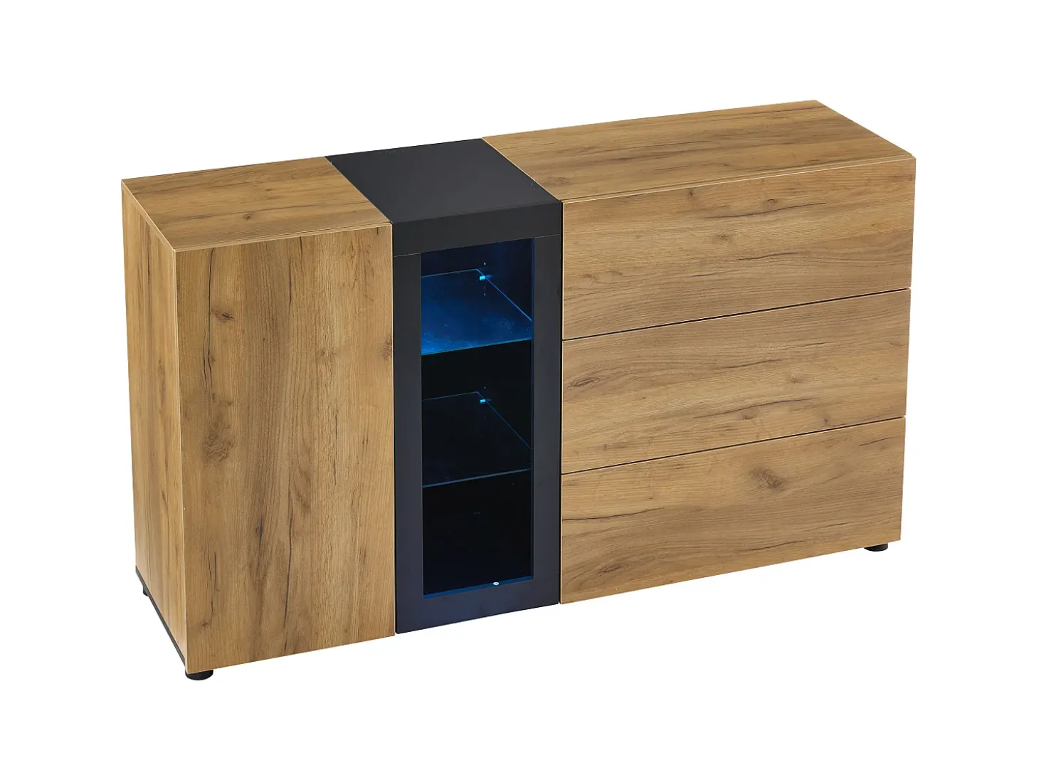 Aparador de cocina 140x40x80cm con 3 cajones, 1 puerta y 3 estantes de cristal, LED incluido, cuerpo en chapa de madera natural y negra.