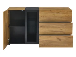 Aparador de cocina 140x40x80cm con 3 cajones, 1 puerta y 3 estantes de cristal, LED incluido, cuerpo en chapa de madera natural y negra.