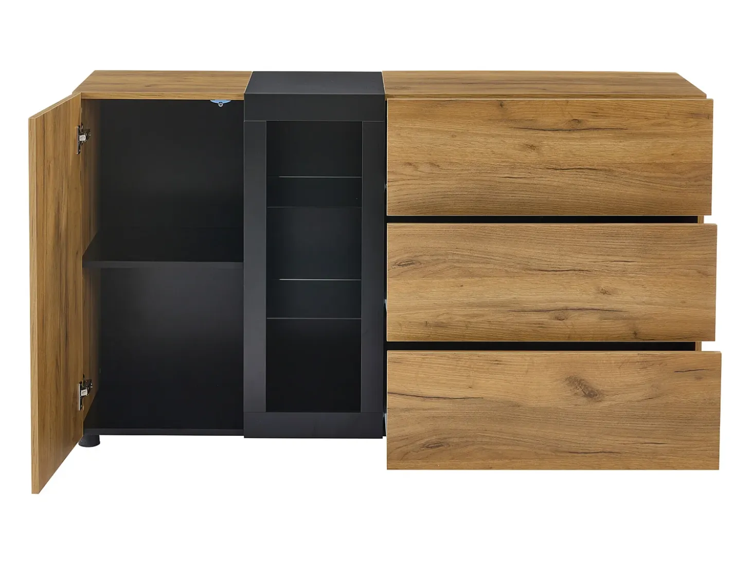 Aparador de cocina 140x40x80cm con 3 cajones, 1 puerta y 3 estantes de cristal, LED incluido, cuerpo en chapa de madera natural y negra.