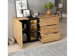 Aparador de cocina 140x40x80cm con 3 cajones, 1 puerta y 3 estantes de cristal, LED incluido, cuerpo en chapa de madera natural y negra.