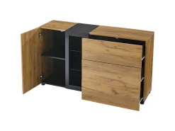 Aparador de cocina 140x40x80cm con 3 cajones, 1 puerta y 3 estantes de cristal, LED incluido, cuerpo en chapa de madera natural y negra.