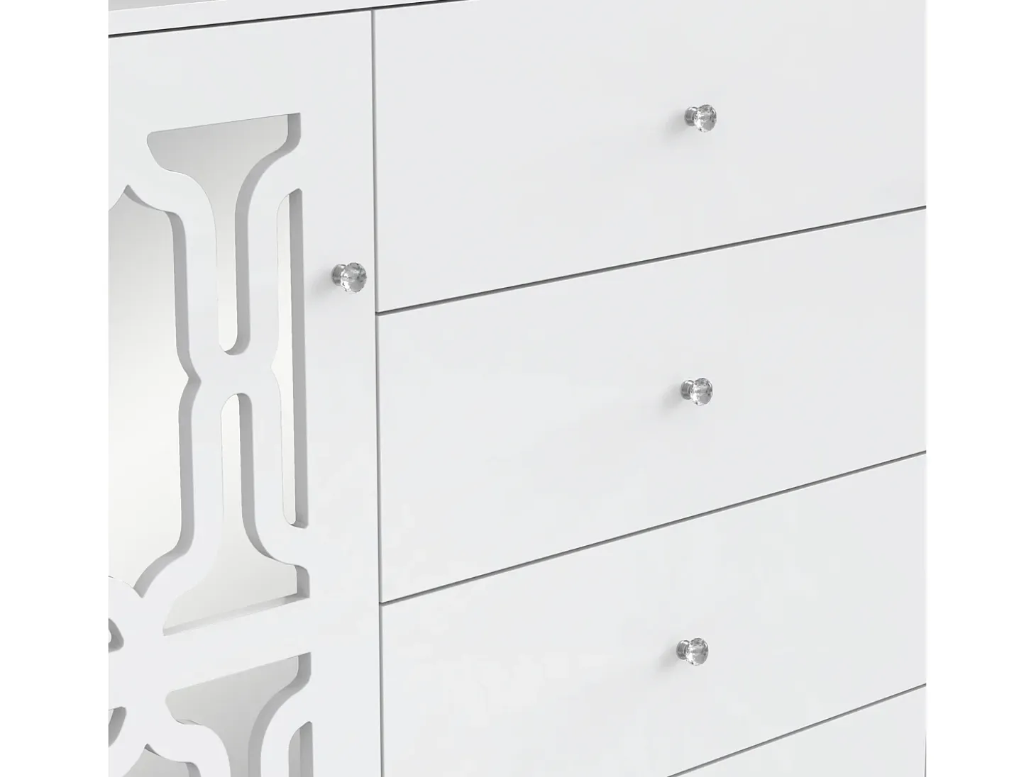 Aparador de comedor con 2 puertas de espejo y 4 cajones - tiradores de cristal - madera - blanco (147,5x40x102cm)