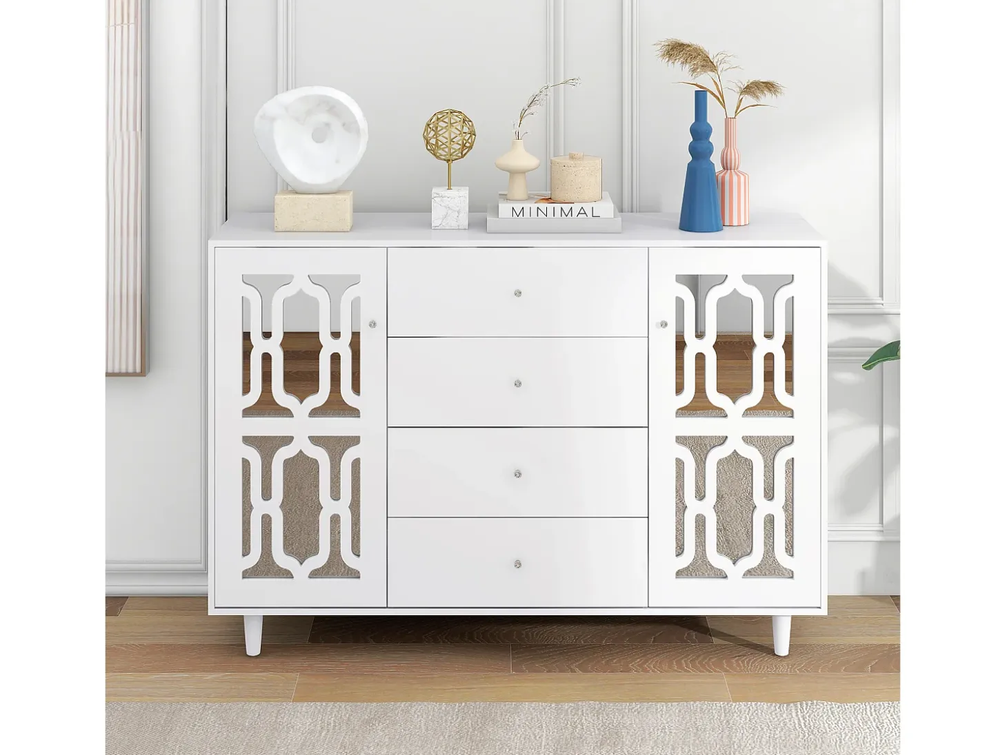 Aparador de comedor con 2 puertas de espejo y 4 cajones - tiradores de cristal - madera - blanco (147,5x40x102cm)