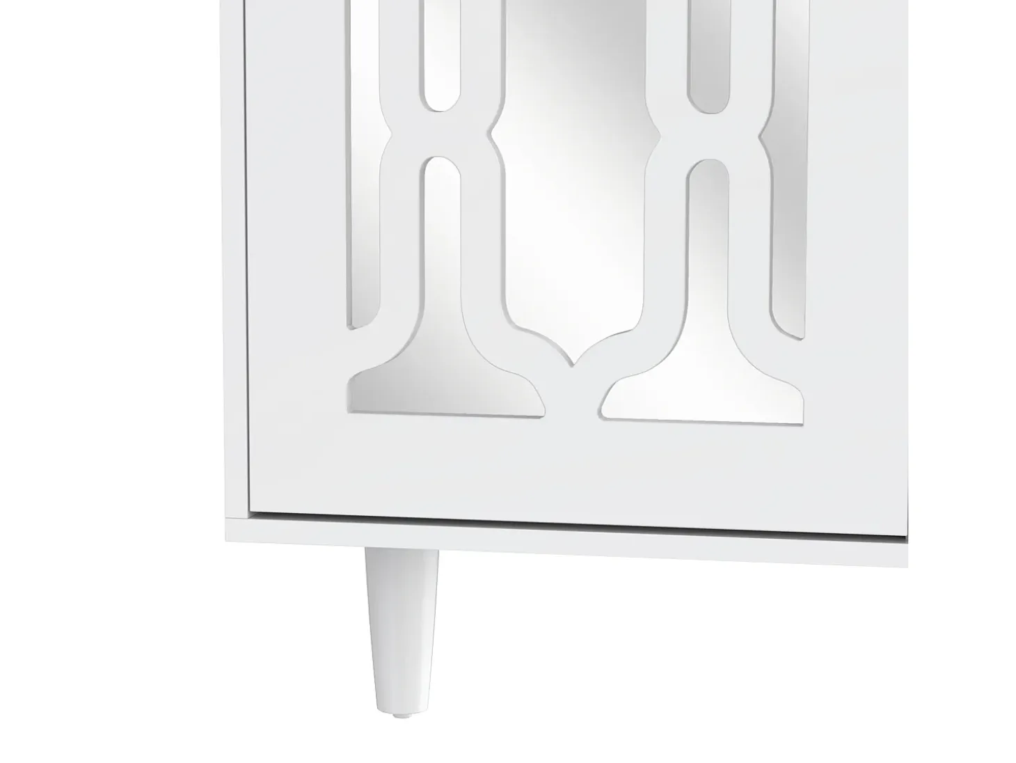 Aparador de comedor con 2 puertas de espejo y 4 cajones - tiradores de cristal - madera - blanco (147,5x40x102cm)