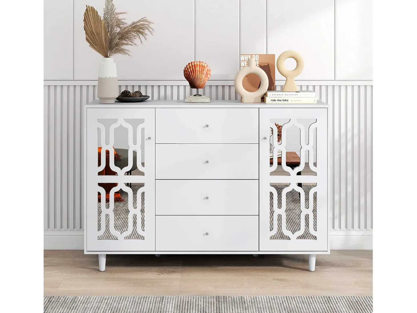 Aparador de comedor con 2 puertas de espejo y 4 cajones - tiradores de cristal - madera - blanco (147,5x40x102cm)