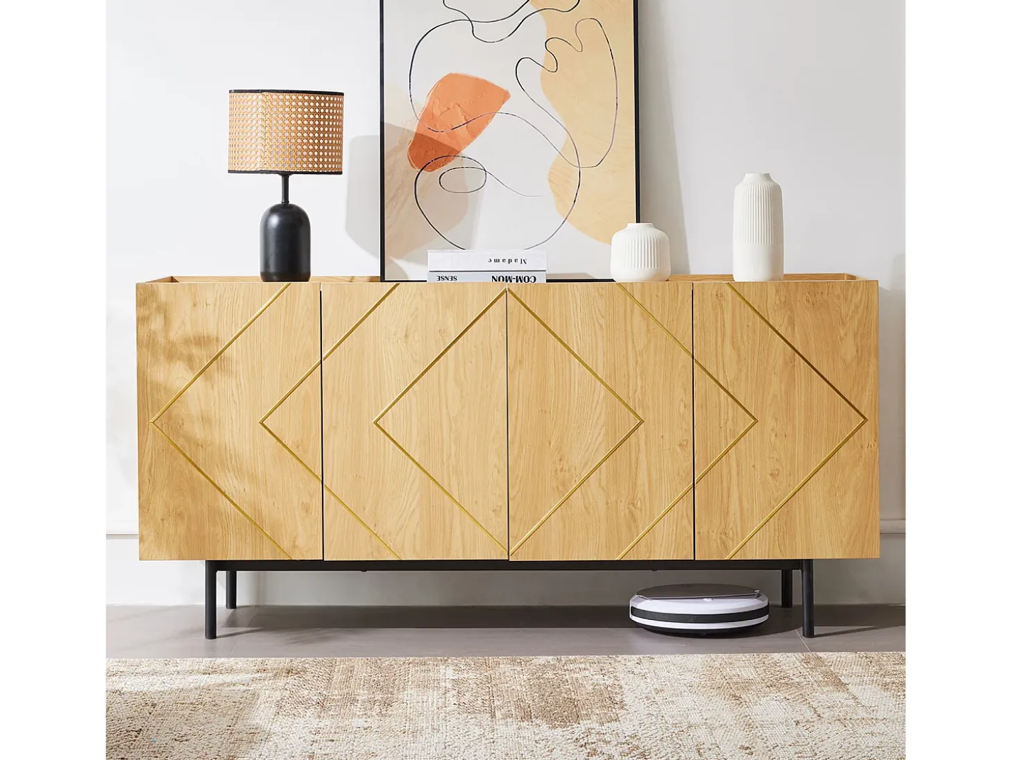 Aparador de cuatro puertas con patas de metal, mueble de almacenaje, decoración salón, 160 x 40 x 78 cm