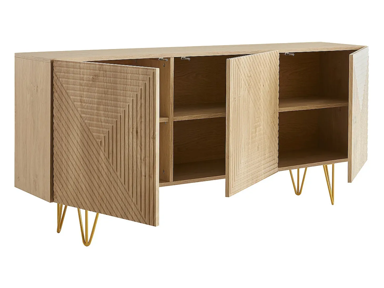 Aparador de diseño de madera de roble claro con grabados y metal dorado 3 puertas 160 cm OZEN