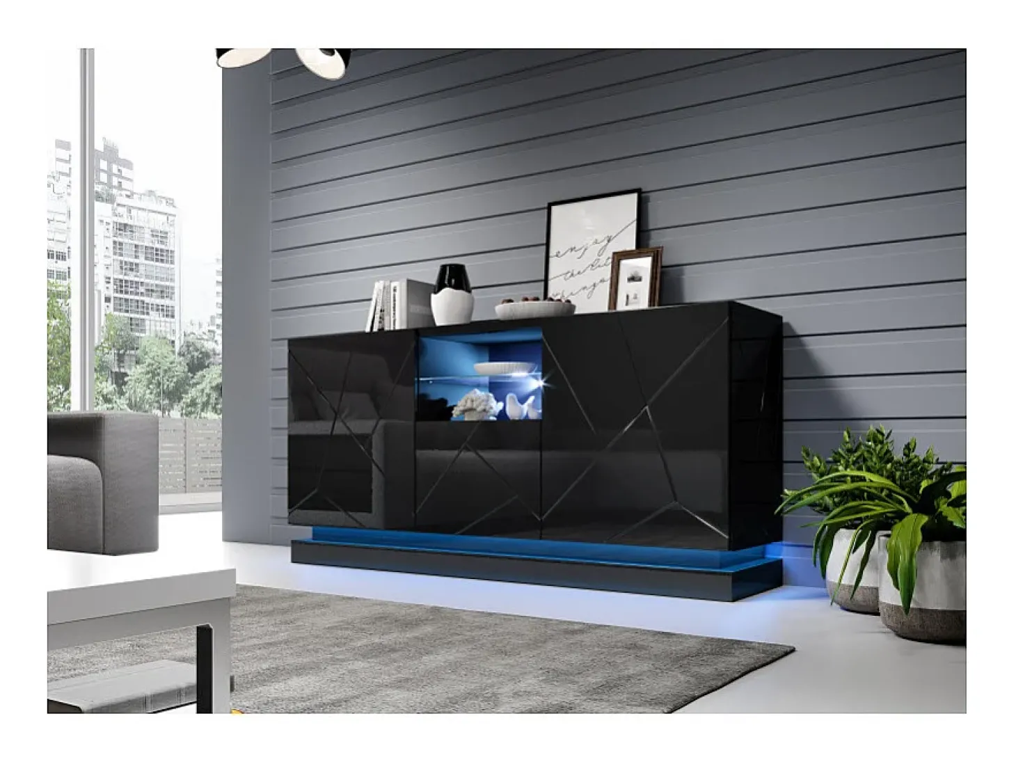 Aparador de diseño negro de 150 cm con iluminación integrada Clost