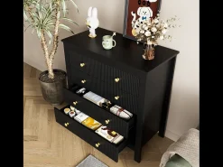 Aparador de estilo contemporáneo, cómoda con espacio de almacenamiento, tiradores dorados, negro