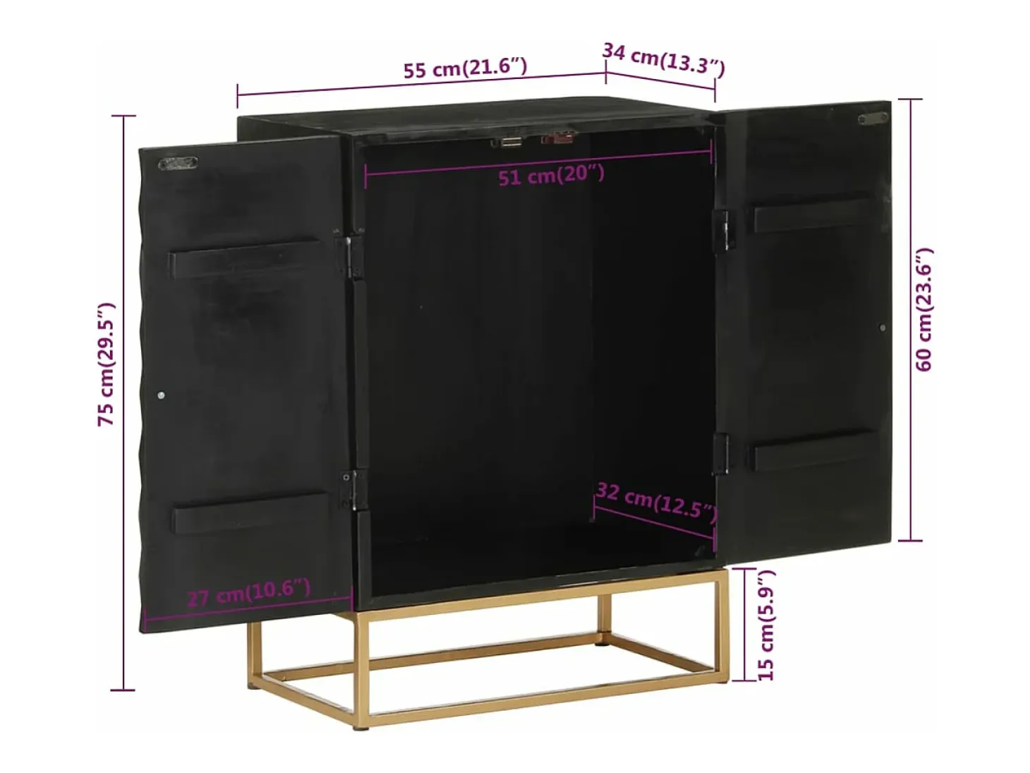 Aparador de hierro y madera maciza de mango negro 55x34x75 cm