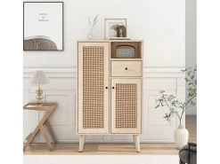 Aparador de madera, 2 puertas de ratán, 1 cajón, gran espacio de almacenaje, para salón y entrada (60x40x101 cm)