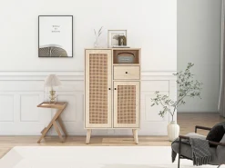 Aparador de madera, 2 puertas de ratán, 1 cajón, gran espacio de almacenaje, para salón y entrada (60x40x101 cm)