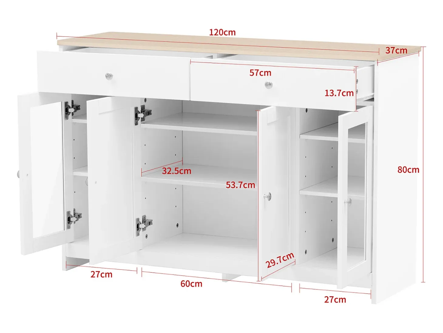 Aparador de madera blanca, cuatro puertas, dos cajones, para sala de estar y comedor, con tablero de imitación madera clara.