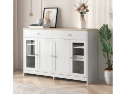 Aparador de madera blanca, cuatro puertas, dos cajones, para sala de estar y comedor, con tablero de imitación madera clara.