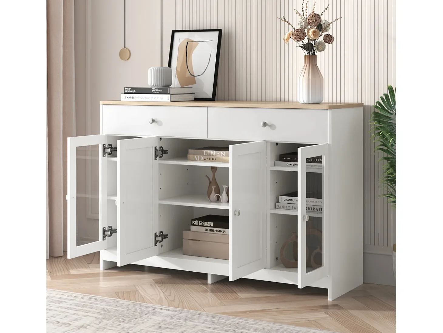 Aparador de madera blanca, cuatro puertas, dos cajones, para sala de estar y comedor, con tablero de imitación madera clara.