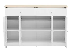 Aparador de madera blanca, cuatro puertas, dos cajones, para sala de estar y comedor, con tablero de imitación madera clara.