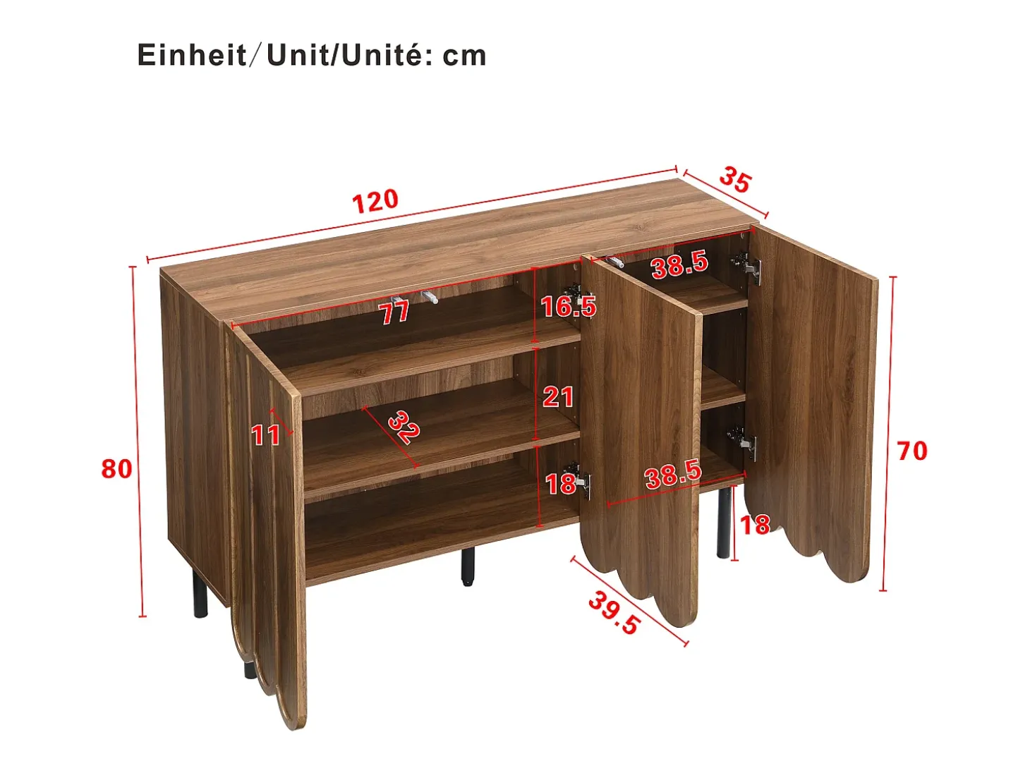 Aparador de madera con 3 puertas a rayas y estantes ajustables - para salón y comedor