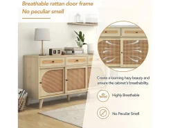 Aparador de madera con puertas de ratán, 3 cajones, MDF, Roble, (140x40x78 cm)