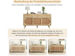 Aparador de madera con puertas de ratán, 3 cajones, MDF, Roble, (140x40x78 cm)