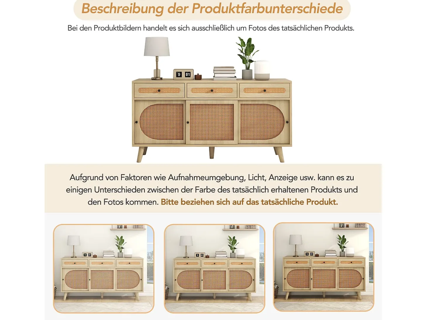 Aparador de madera con puertas de ratán, 3 cajones, MDF, Roble, (140x40x78 cm)