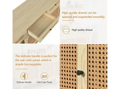 Aparador de madera con puertas de ratán, 3 cajones, MDF, Roble, (140x40x78 cm)