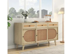 Aparador de madera con puertas de ratán, 3 cajones, MDF, Roble, (140x40x78 cm)